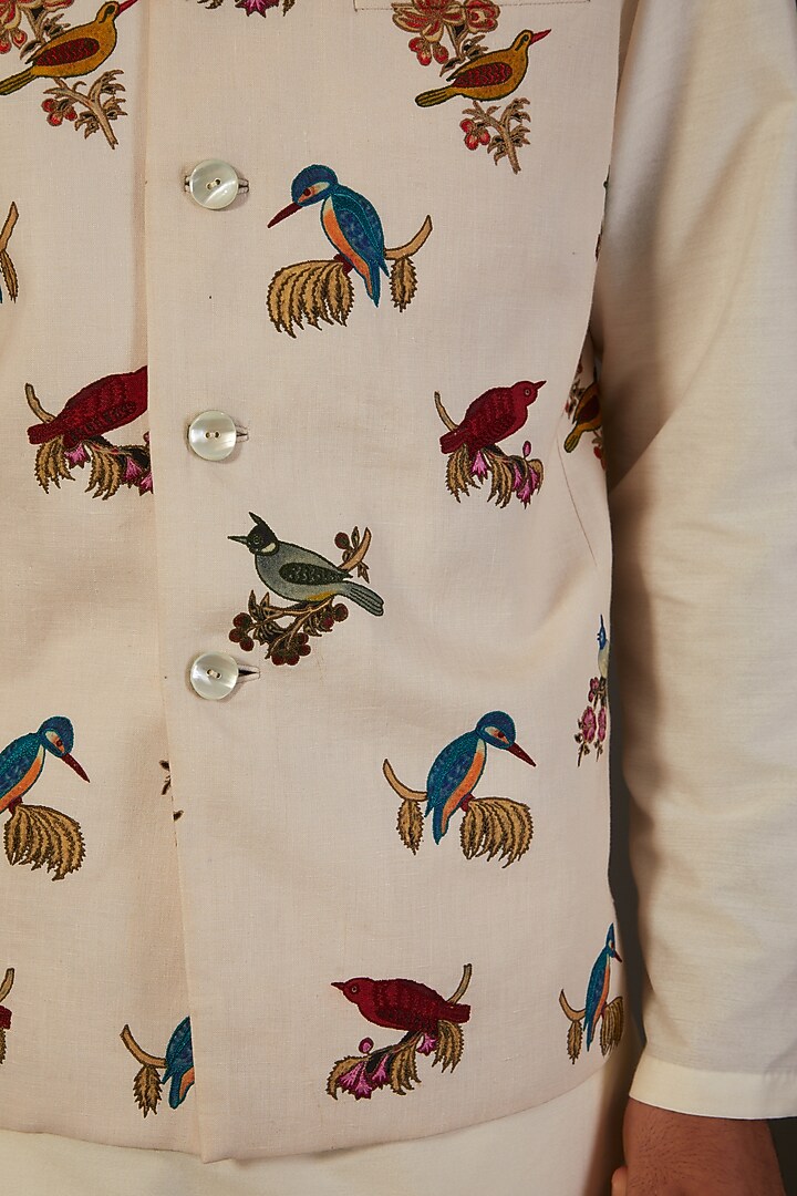 Ivory Linen Digital Printed Bundi Jacket by Rohit Bal Men at Pernia's Pop Up Shop