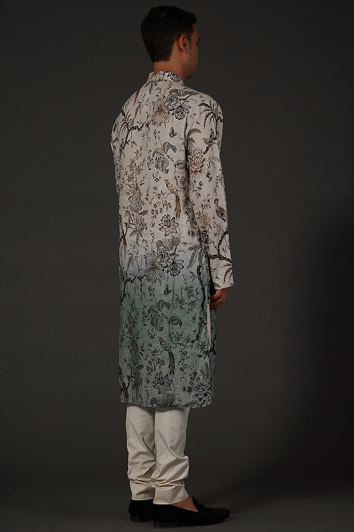 Ivory & Jade Ombre Linen Floral Printed & Machine Embroidered Ombre Kurta Set by Rohit Bal Men at Pernia's Pop Up Shop