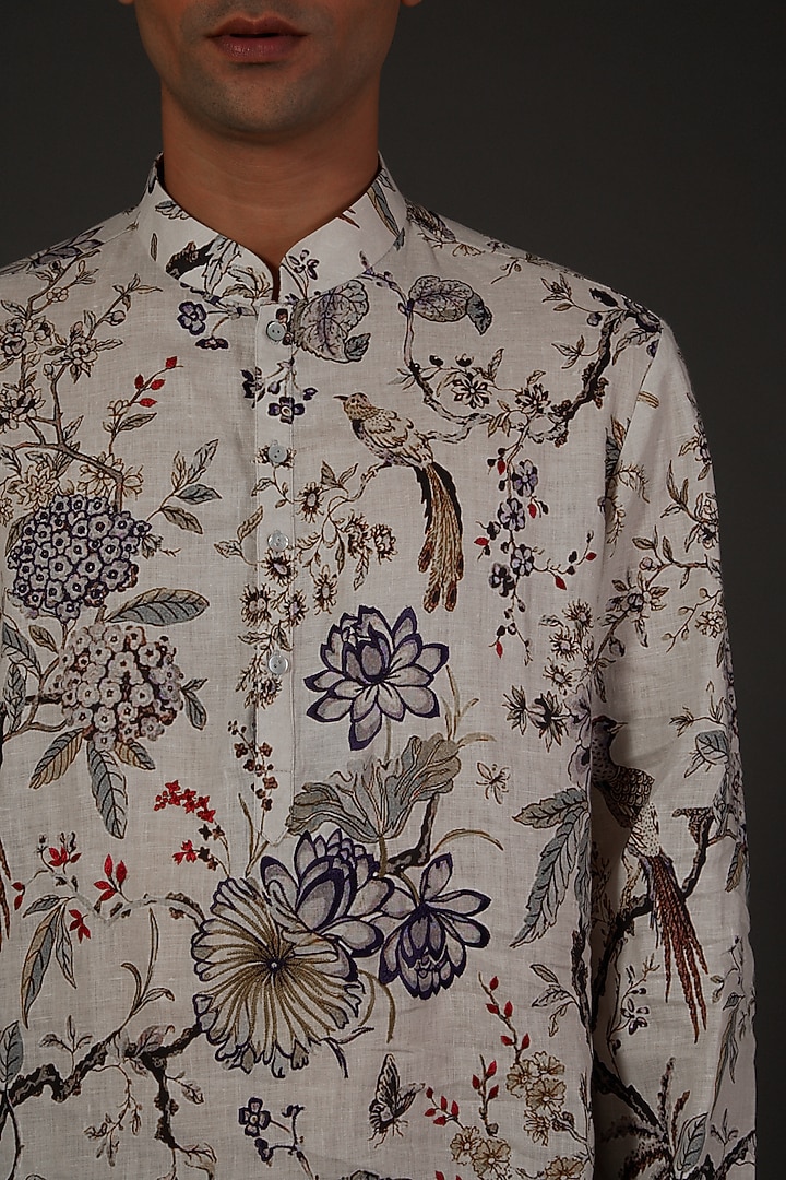 Ivory & Jade Ombre Linen Floral Printed & Machine Embroidered Ombre Kurta Set by Rohit Bal Men at Pernia's Pop Up Shop
