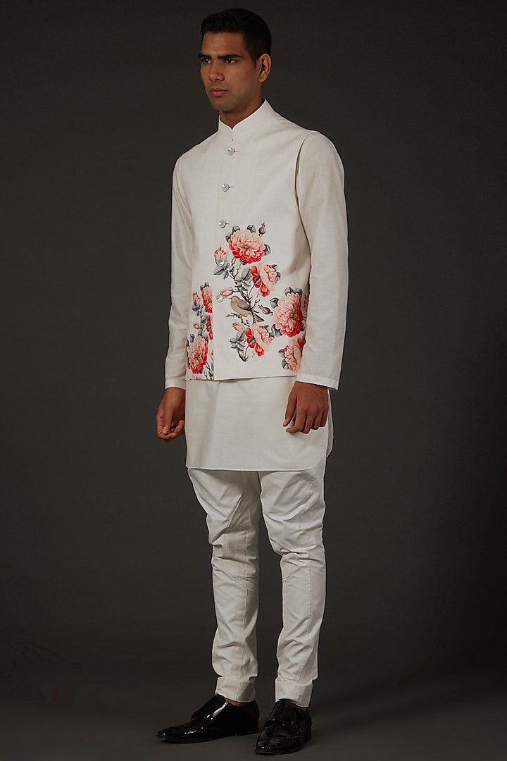 Ivory Linen Floral Printed Bundi Jacket by Rohit Bal Men at Pernia's Pop Up Shop