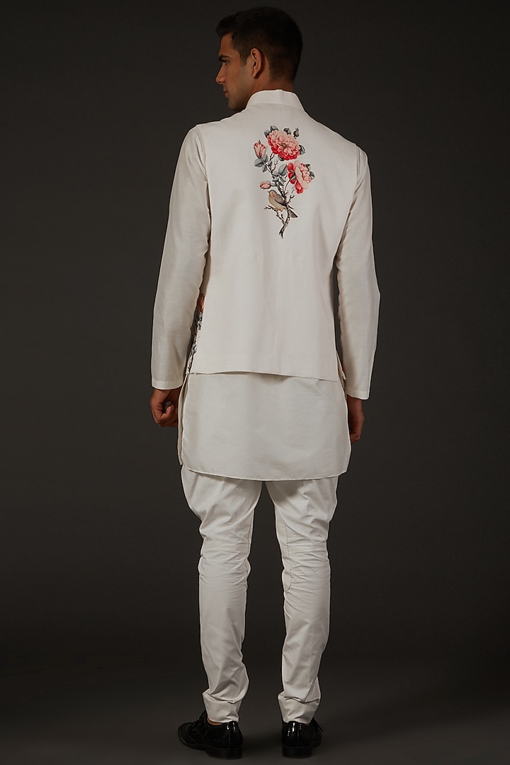 Ivory Linen Floral Printed Bundi Jacket by Rohit Bal Men at Pernia's Pop Up Shop