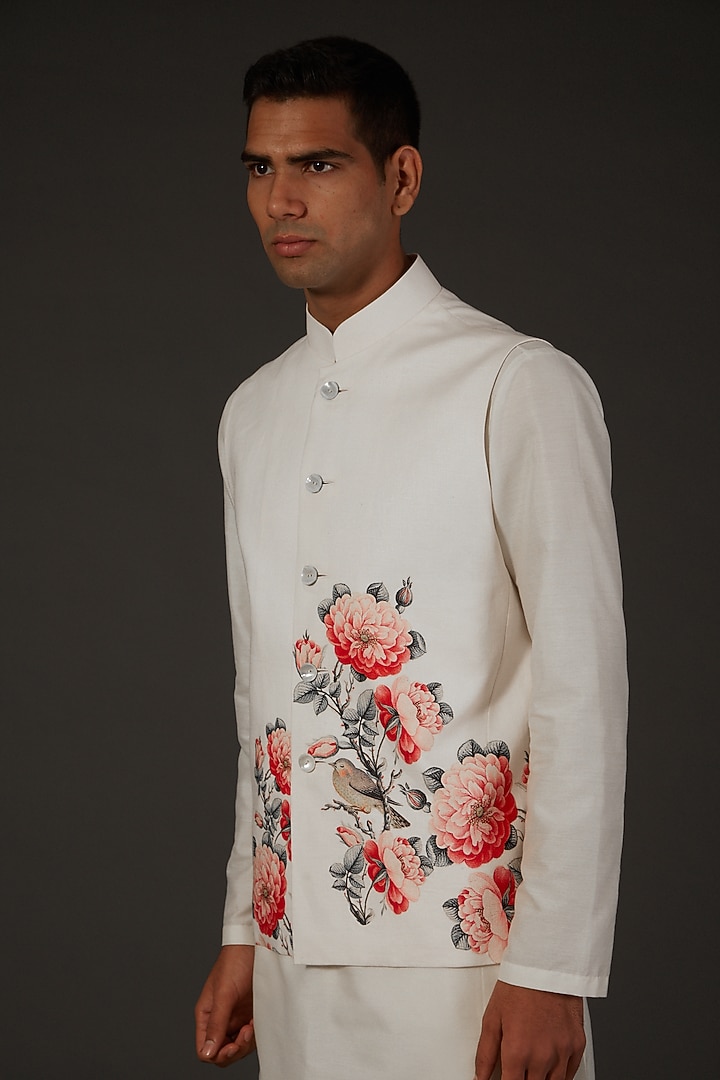 Ivory Linen Floral Printed Bundi Jacket by Rohit Bal Men at Pernia's Pop Up Shop