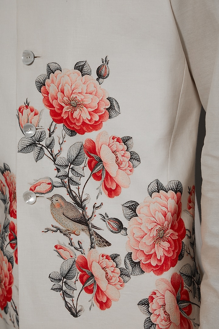 Ivory Linen Floral Printed Bundi Jacket by Rohit Bal Men at Pernia's Pop Up Shop