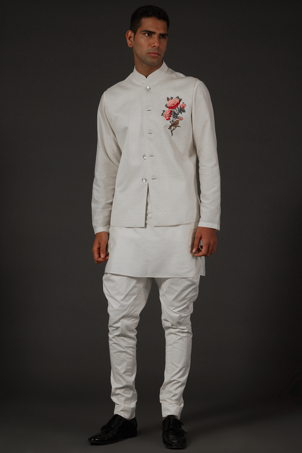 Ivory Chanderi Silk Embroidered & Block Printed Bundi Jacket by Rohit Bal Men at Pernia's Pop Up Shop