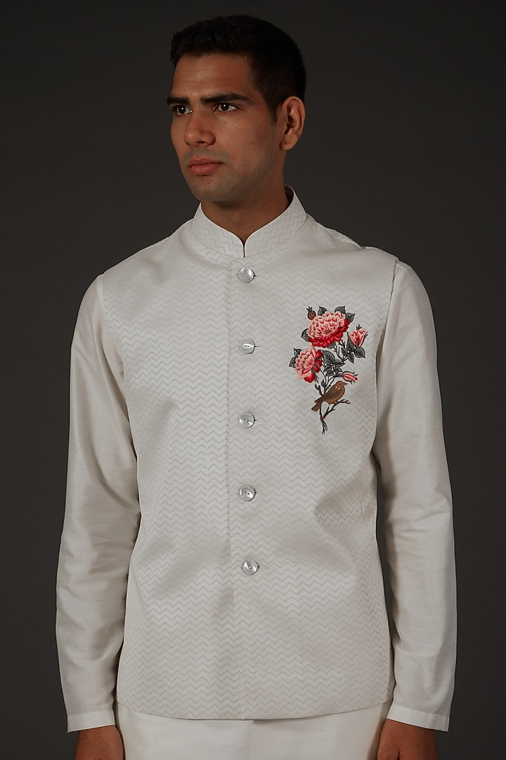 Ivory Chanderi Silk Embroidered & Block Printed Bundi Jacket by Rohit Bal Men at Pernia's Pop Up Shop