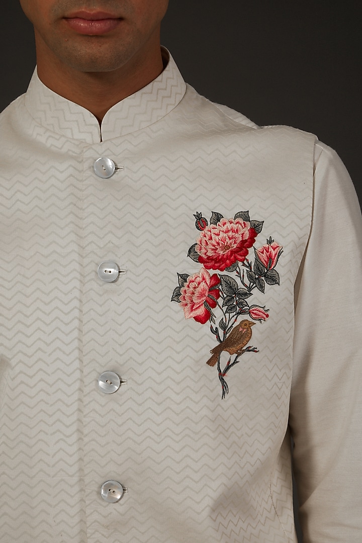Ivory Chanderi Silk Embroidered & Block Printed Bundi Jacket by Rohit Bal Men at Pernia's Pop Up Shop