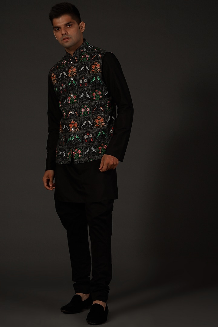 Black Matka Silk Floral Digital Printed Bundi Jacket by Rohit Bal Men at Pernia's Pop Up Shop