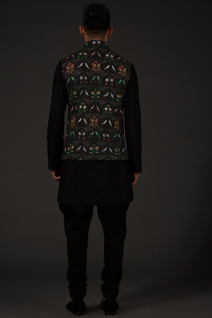 Black Matka Silk Floral Digital Printed Bundi Jacket by Rohit Bal Men at Pernia's Pop Up Shop
