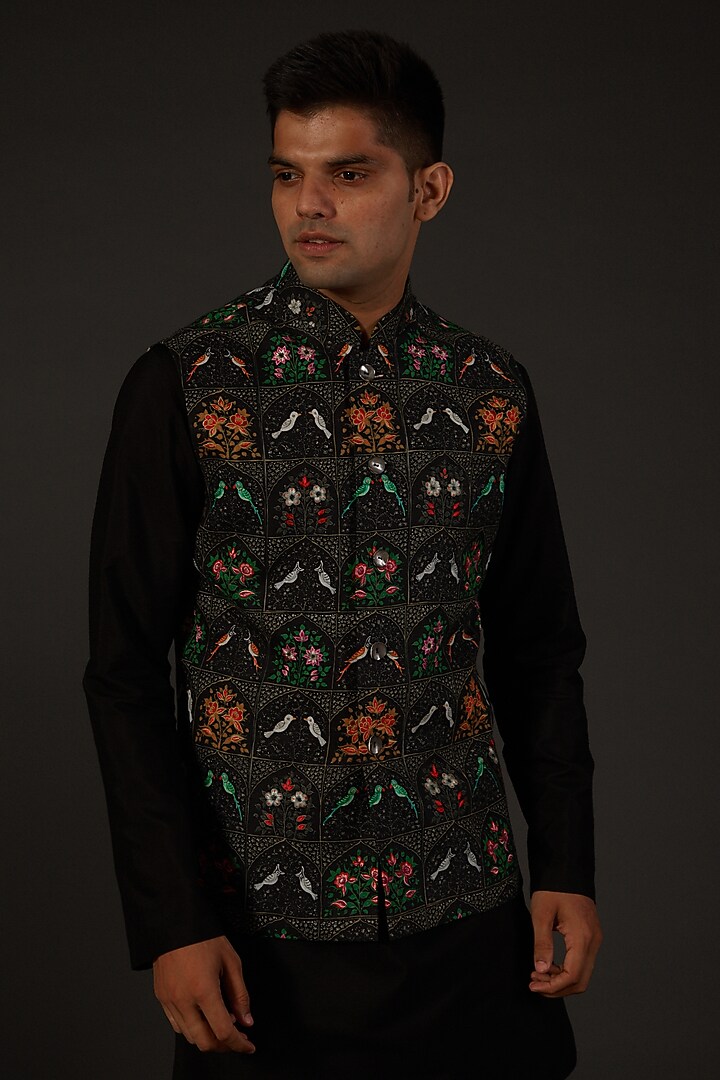 Black Matka Silk Floral Digital Printed Bundi Jacket by Rohit Bal Men at Pernia's Pop Up Shop