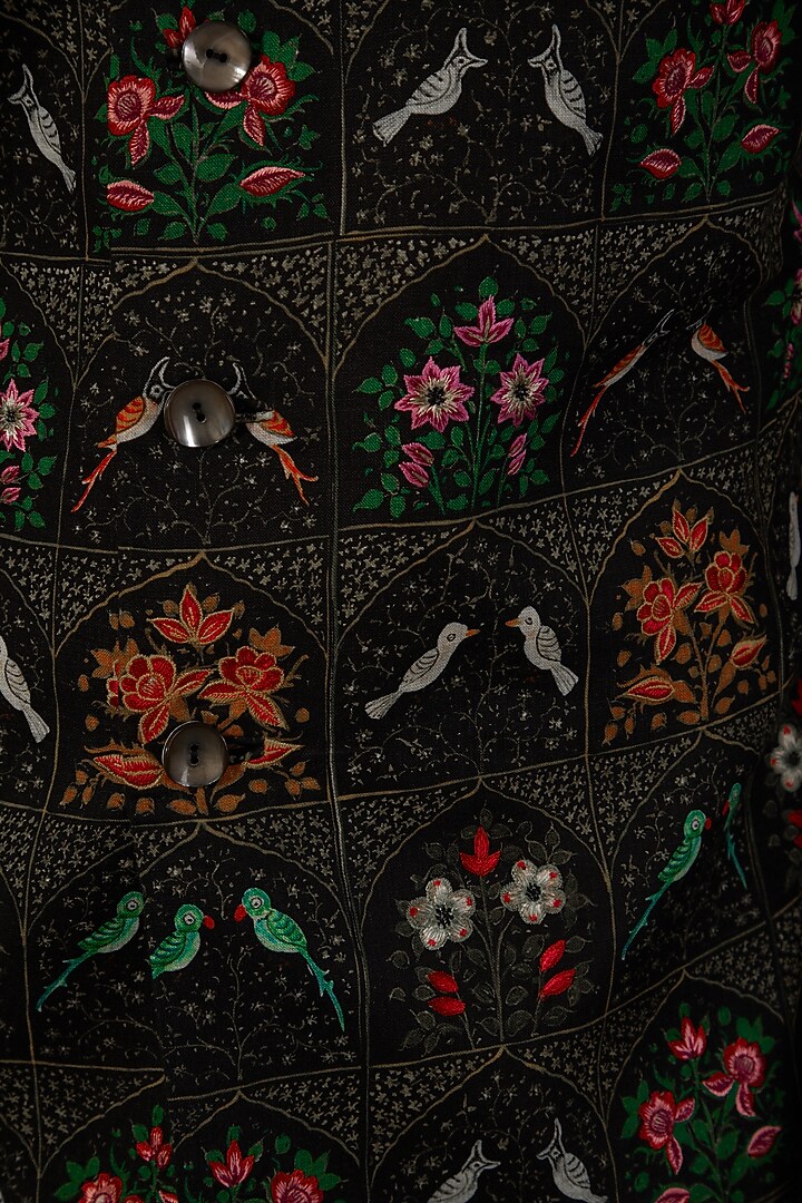 Black Matka Silk Floral Digital Printed Bundi Jacket by Rohit Bal Men at Pernia's Pop Up Shop