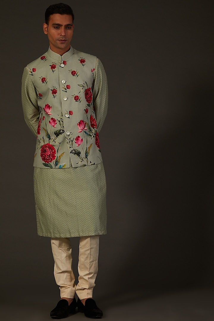 Sage Green Printed Bundi Jacket by Rohit Bal Men