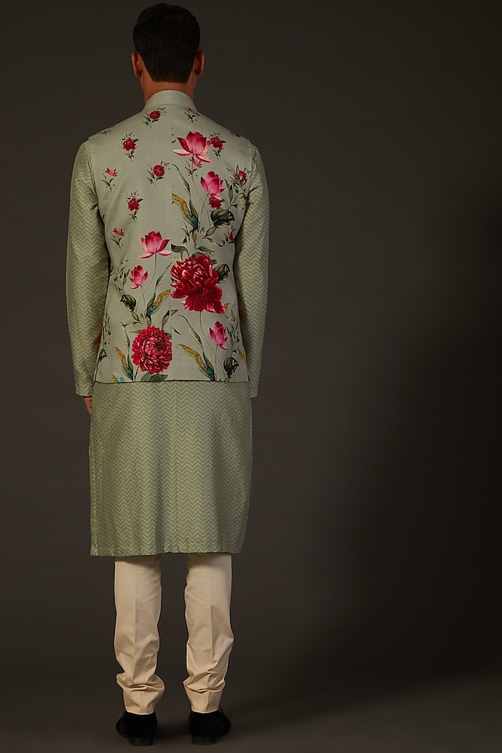 Sage Green Linen Digital Printed Bundi Jacket by Rohit Bal Men at Pernia's Pop Up Shop