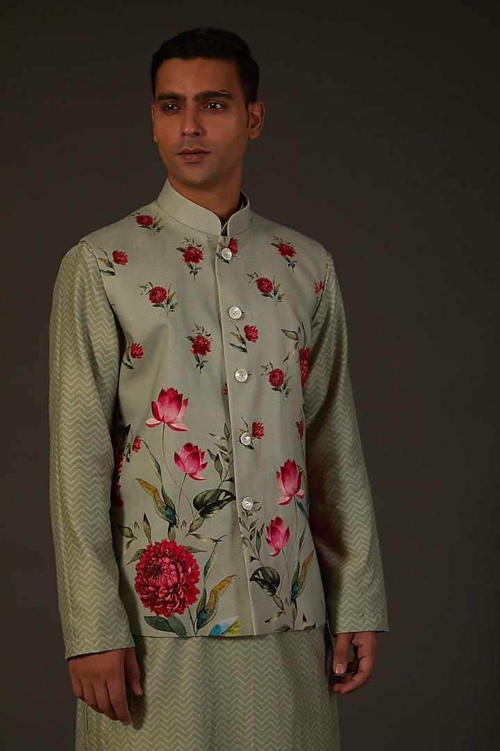 Sage Green Linen Digital Printed Bundi Jacket by Rohit Bal Men at Pernia's Pop Up Shop