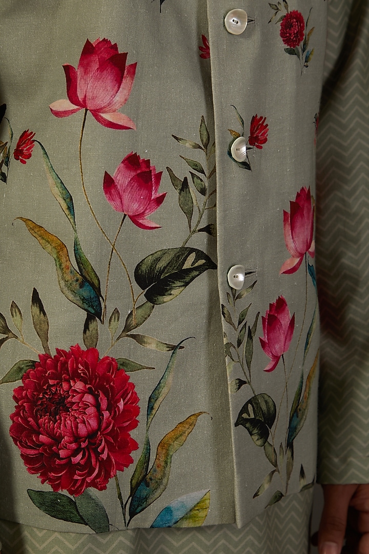 Sage Green Linen Digital Printed Bundi Jacket by Rohit Bal Men at Pernia's Pop Up Shop