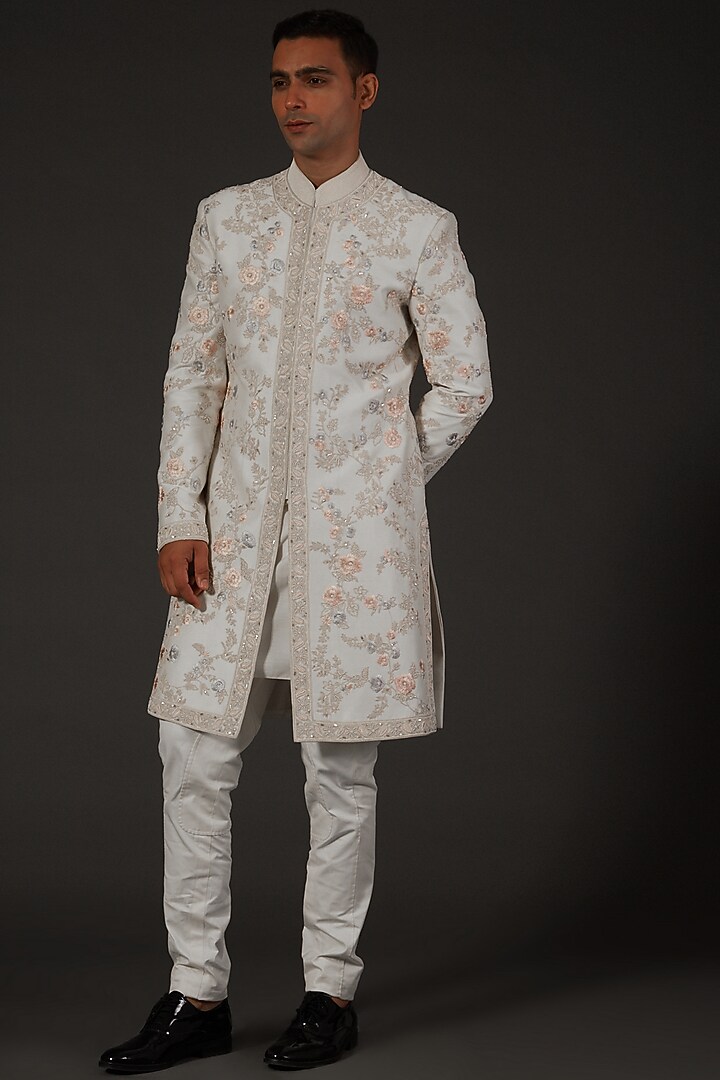 Ivory Pearl Hand Embroidered Groom Sherwani by Rohit Bal Men at Pernia's Pop Up Shop