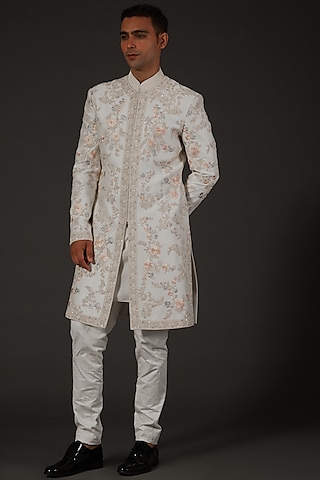 Ivory Chanderi Silk Floral Embroidered Sherwani  by Rohit Bal Men