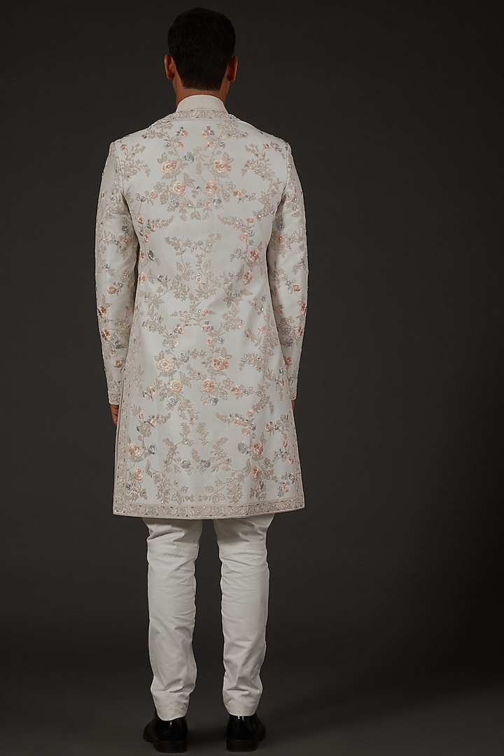 Ivory Chanderi Silk Floral Embroidered Groom Sherwani by Rohit Bal Men at Pernia's Pop Up Shop