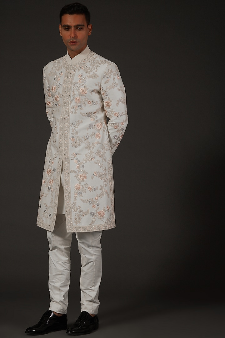 Ivory Chanderi Silk Floral Embroidered Groom Sherwani by Rohit Bal Men at Pernia's Pop Up Shop