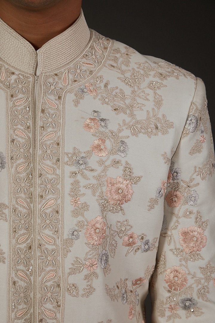 Ivory Chanderi Silk Floral Embroidered Groom Sherwani by Rohit Bal Men at Pernia's Pop Up Shop