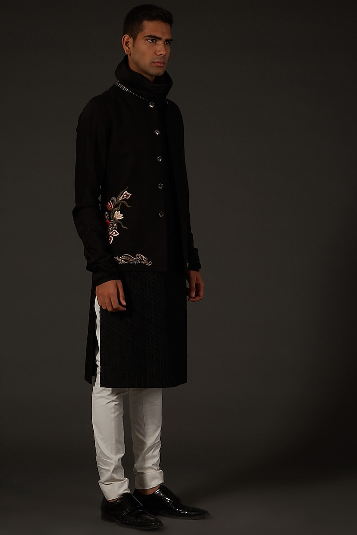 Black Matka Silk Floral Embroidered Bundi Jacket by Rohit Bal Men at Pernia's Pop Up Shop