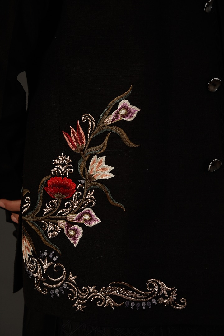 Black Matka Silk Floral Embroidered Bundi Jacket by Rohit Bal Men at Pernia's Pop Up Shop