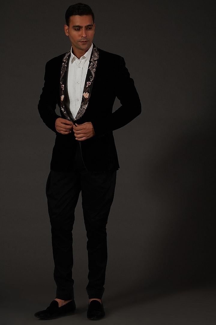 Black Floral Machine Embroidered Tuxedo Jacket by Rohit Bal Men