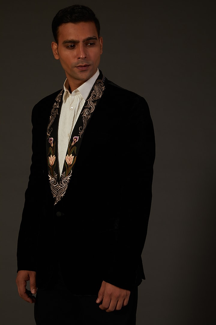 Black Silk Velvet Floral Embroidered Tuxedo by Rohit Bal Men at Pernia's Pop Up Shop