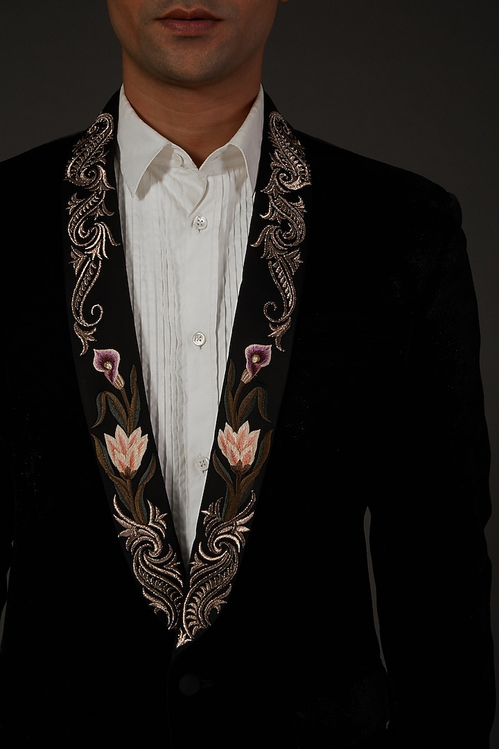Black Silk Velvet Floral Embroidered Tuxedo by Rohit Bal Men at Pernia's Pop Up Shop