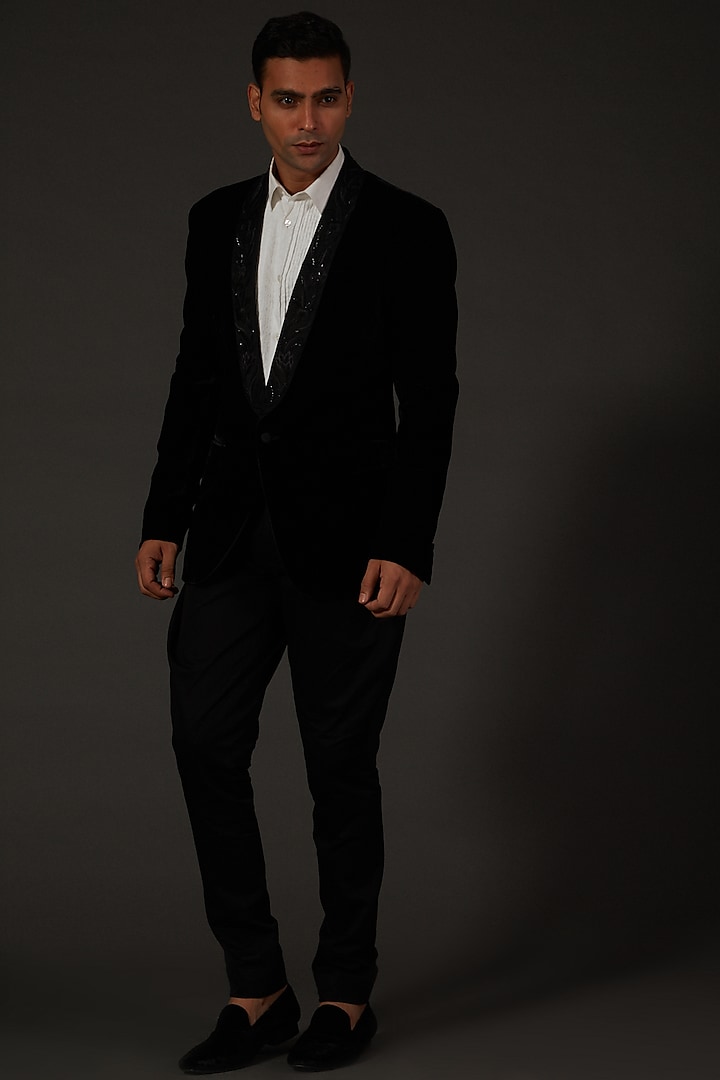 Black Floral Embroidered Tuxedo Jacket by Rohit Bal Men