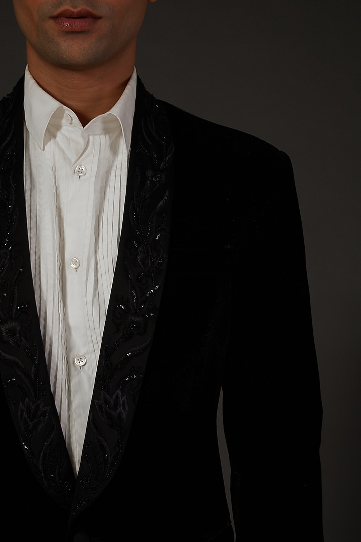 Black Silk Velvet Floral Embroidered Tuxedo by Rohit Bal Men at Pernia's Pop Up Shop