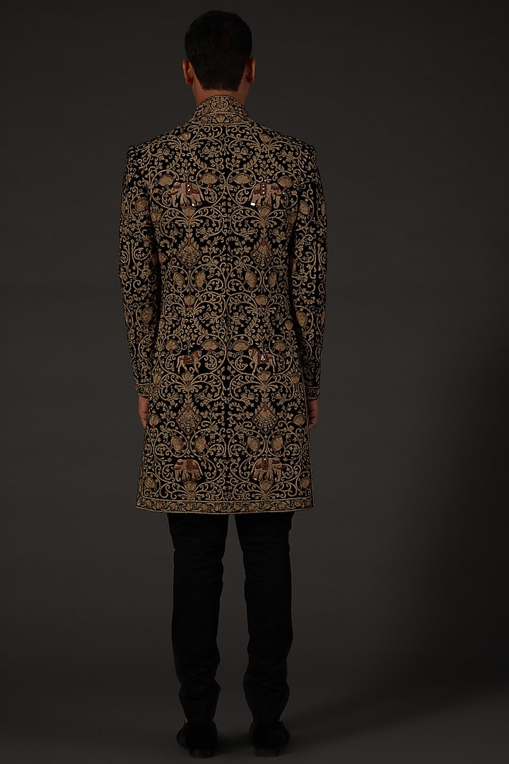 Black Silk Velvet Dori Embroidered Groom Sherwani by Rohit Bal Men at Pernia's Pop Up Shop