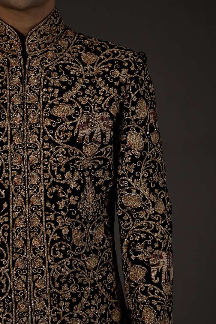 Black Silk Velvet Dori Embroidered Groom Sherwani by Rohit Bal Men at Pernia's Pop Up Shop