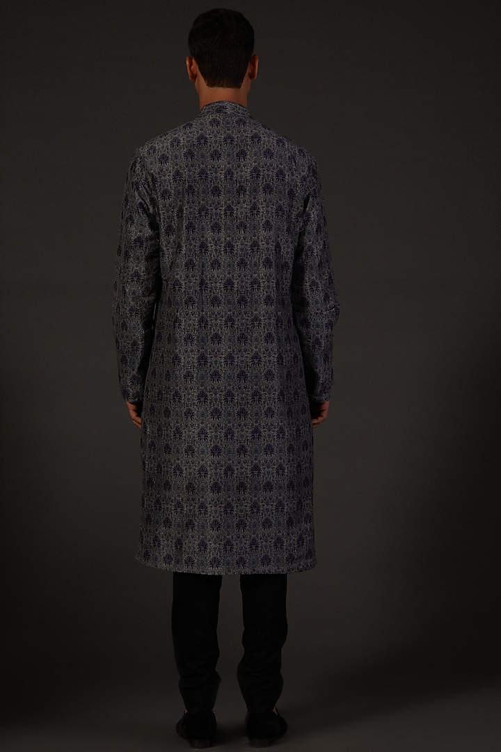 Indigo Blue Chanderi Silk Digital Printed & Machine Embroidered Kurta Set by Rohit Bal Men at Pernia's Pop Up Shop