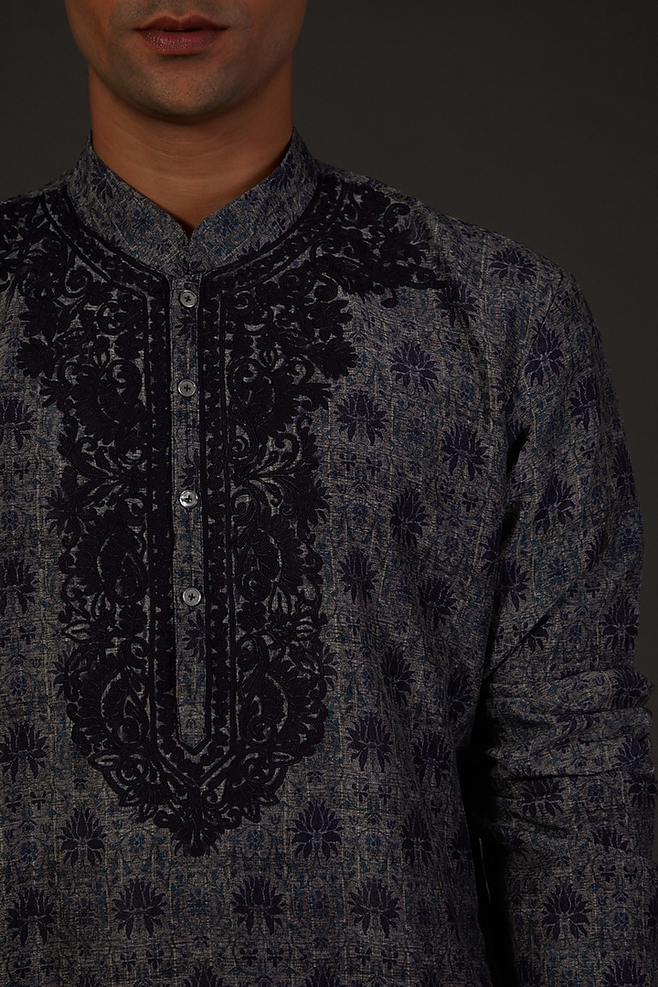 Indigo Blue Chanderi Silk Digital Printed & Machine Embroidered Kurta Set by Rohit Bal Men at Pernia's Pop Up Shop