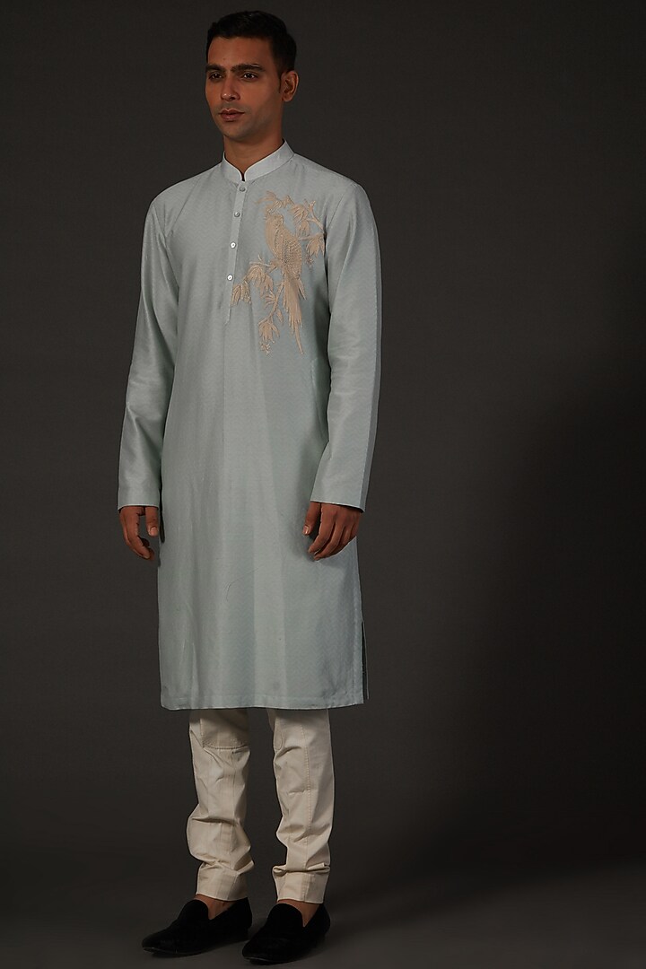 Powder Blue Chanderi Silk Digital Printed & Machine Embroidered Kurta Set by Rohit Bal Men at Pernia's Pop Up Shop