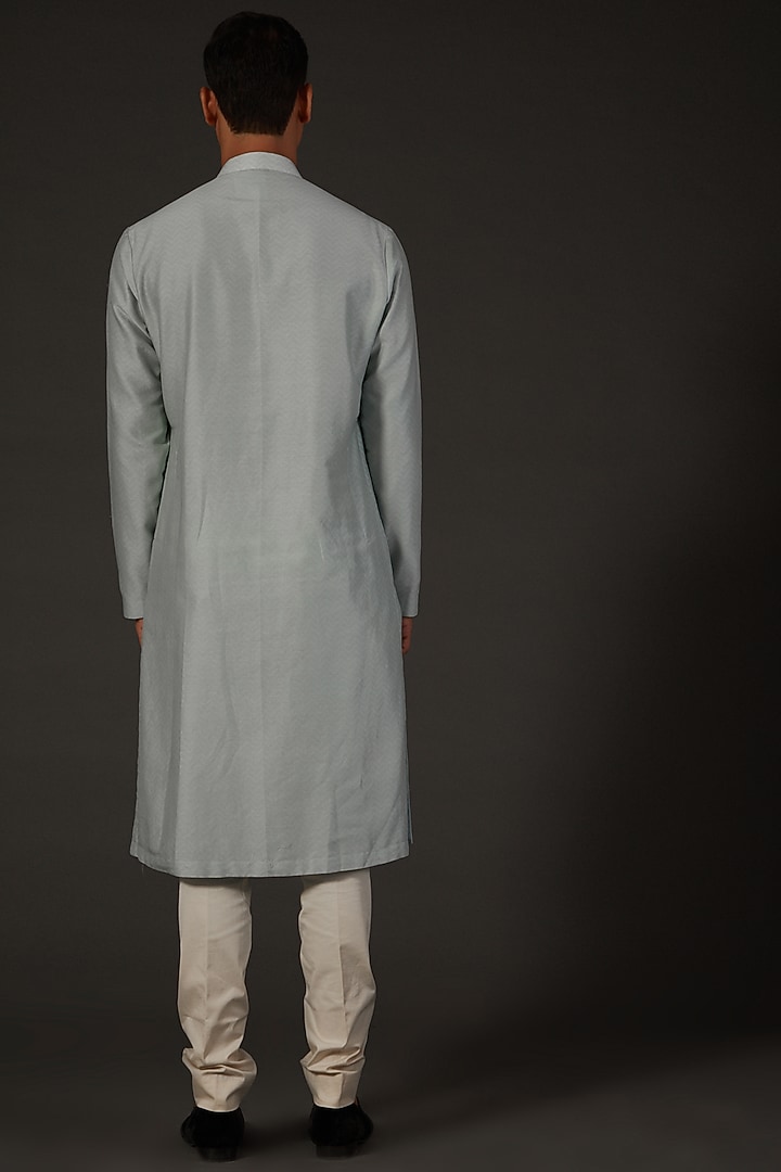 Powder Blue Chanderi Silk Digital Printed & Machine Embroidered Kurta Set by Rohit Bal Men at Pernia's Pop Up Shop