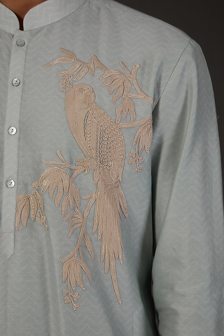 Powder Blue Chanderi Silk Digital Printed & Machine Embroidered Kurta Set by Rohit Bal Men at Pernia's Pop Up Shop