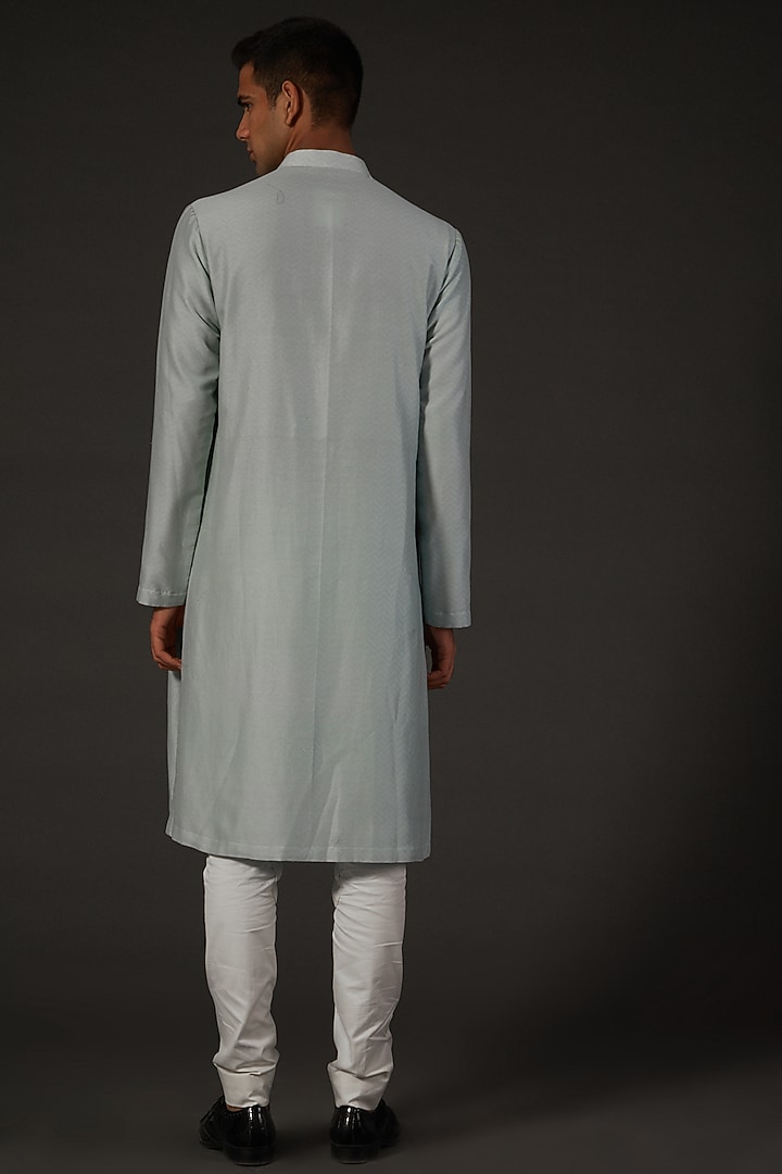 Powder Blue Chanderi Silk Digital Printed & Machine Embroidered Kurta Set by Rohit Bal Men at Pernia's Pop Up Shop