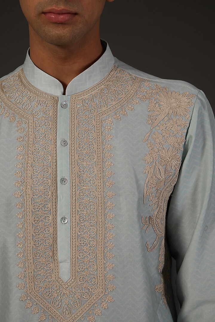 Powder Blue Chanderi Silk Digital Printed & Machine Embroidered Kurta Set by Rohit Bal Men at Pernia's Pop Up Shop