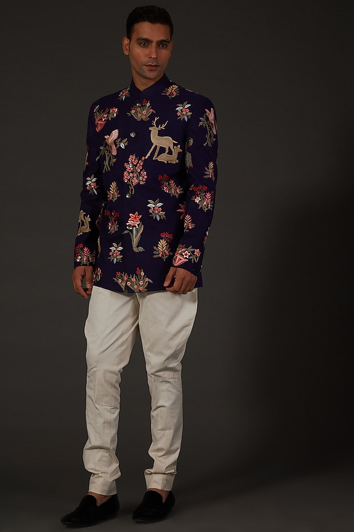 Indigo Blue Matka Silk Machine Embroidered Groom Bandhgala by Rohit Bal Men at Pernia's Pop Up Shop