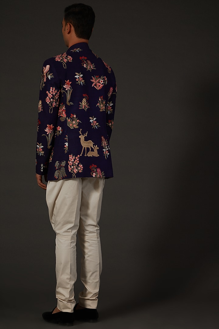 Indigo Blue Matka Silk Machine Embroidered Groom Bandhgala by Rohit Bal Men at Pernia's Pop Up Shop