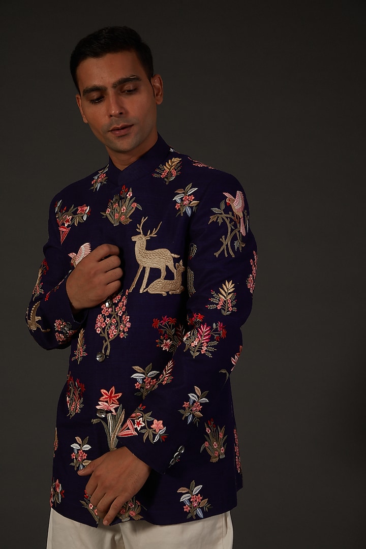 Indigo Blue Matka Silk Machine Embroidered Groom Bandhgala by Rohit Bal Men at Pernia's Pop Up Shop