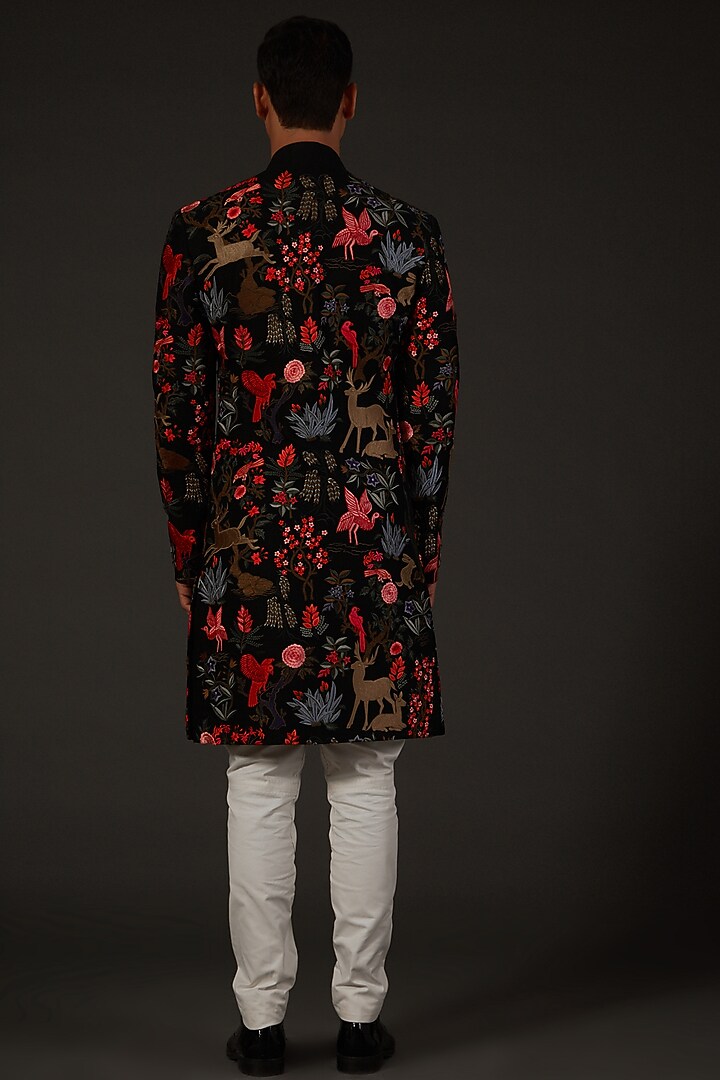 Black Matka Silk Machine Embroidered Groom Sherwani by Rohit Bal Men at Pernia's Pop Up Shop