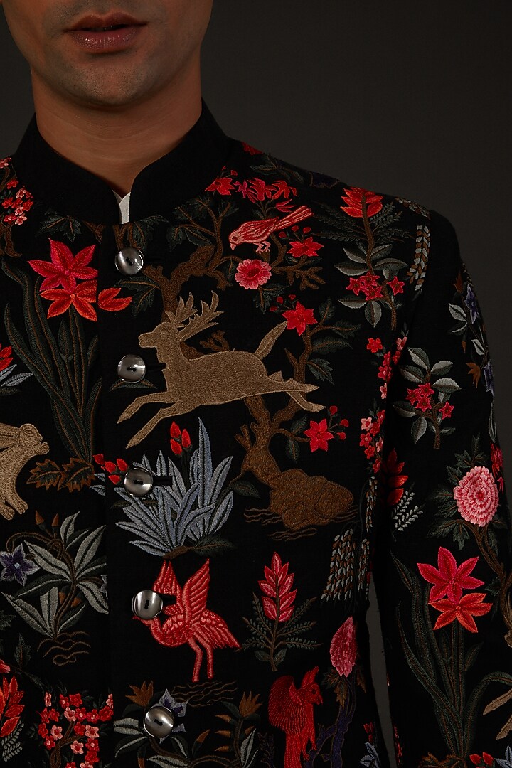 Black Matka Silk Machine Embroidered Groom Sherwani by Rohit Bal Men at Pernia's Pop Up Shop