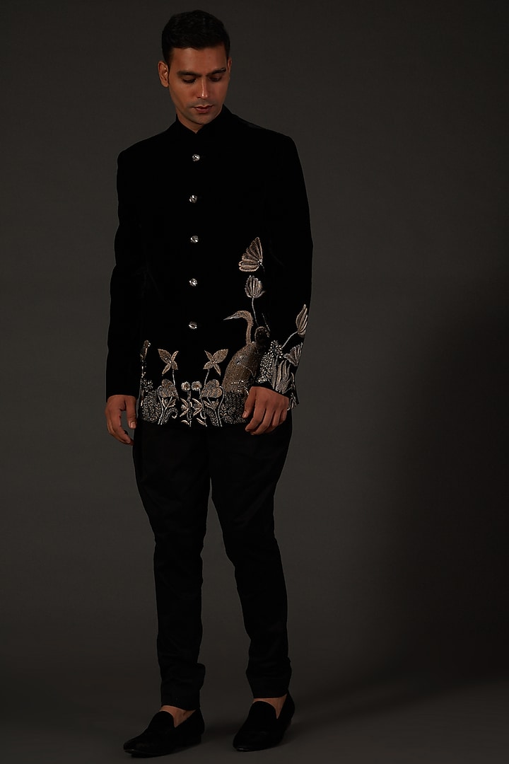 Black Machine Embroidered Groom Bandhgala Jacket by Rohit Bal Men at Pernia's Pop Up Shop