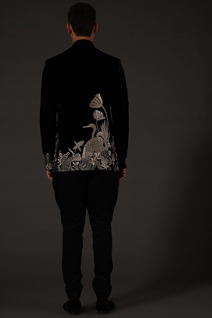 Black Silk Velvet Machine Embroidered Groom Bandhgala by Rohit Bal Men at Pernia's Pop Up Shop