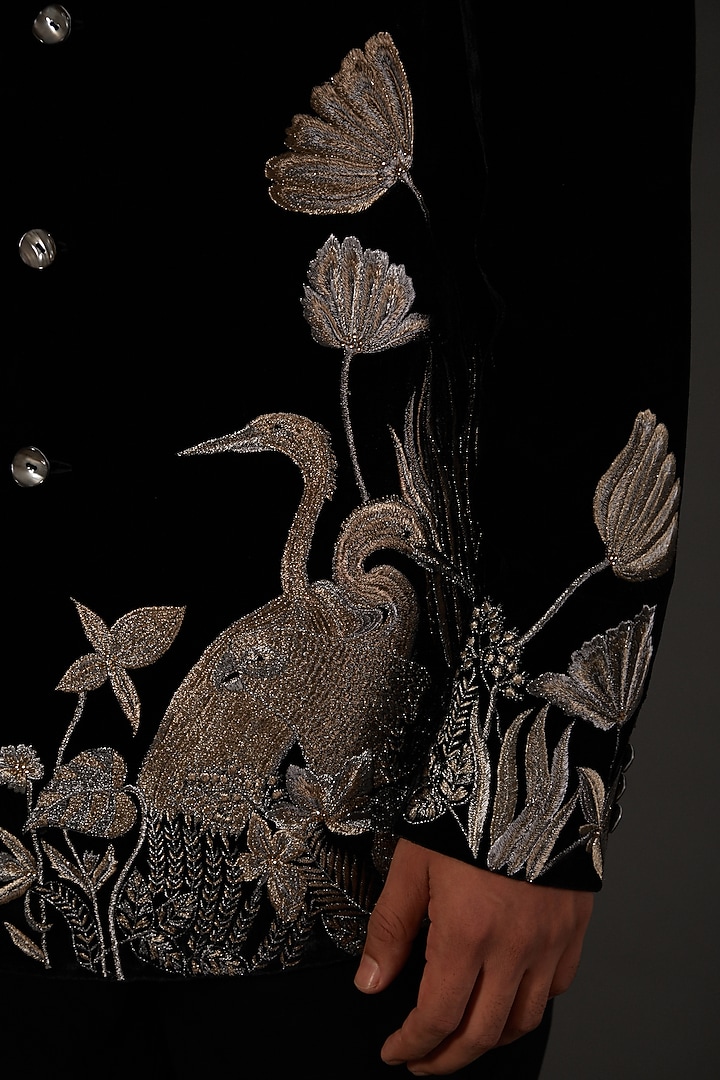 Black Silk Velvet Machine Embroidered Groom Bandhgala by Rohit Bal Men at Pernia's Pop Up Shop