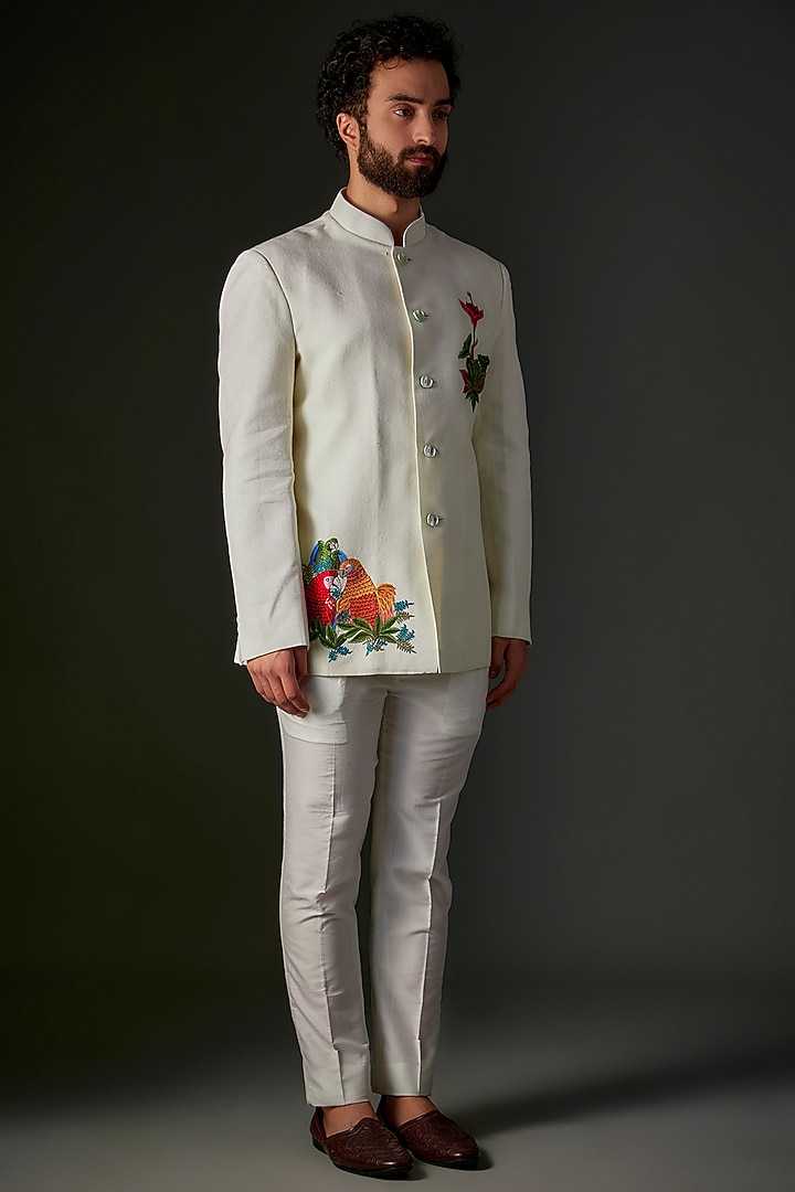 Ivory Matka Silk Hand & Machine Embroidered Groom Bandhgala by Rohit Bal Men at Pernia's Pop Up Shop