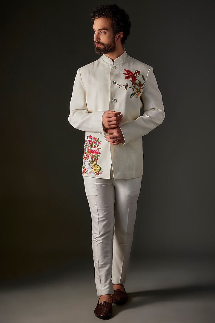Ivory Matka Silk Hand & Machine Embroidered Groom Bandhgala by Rohit Bal Men at Pernia's Pop Up Shop