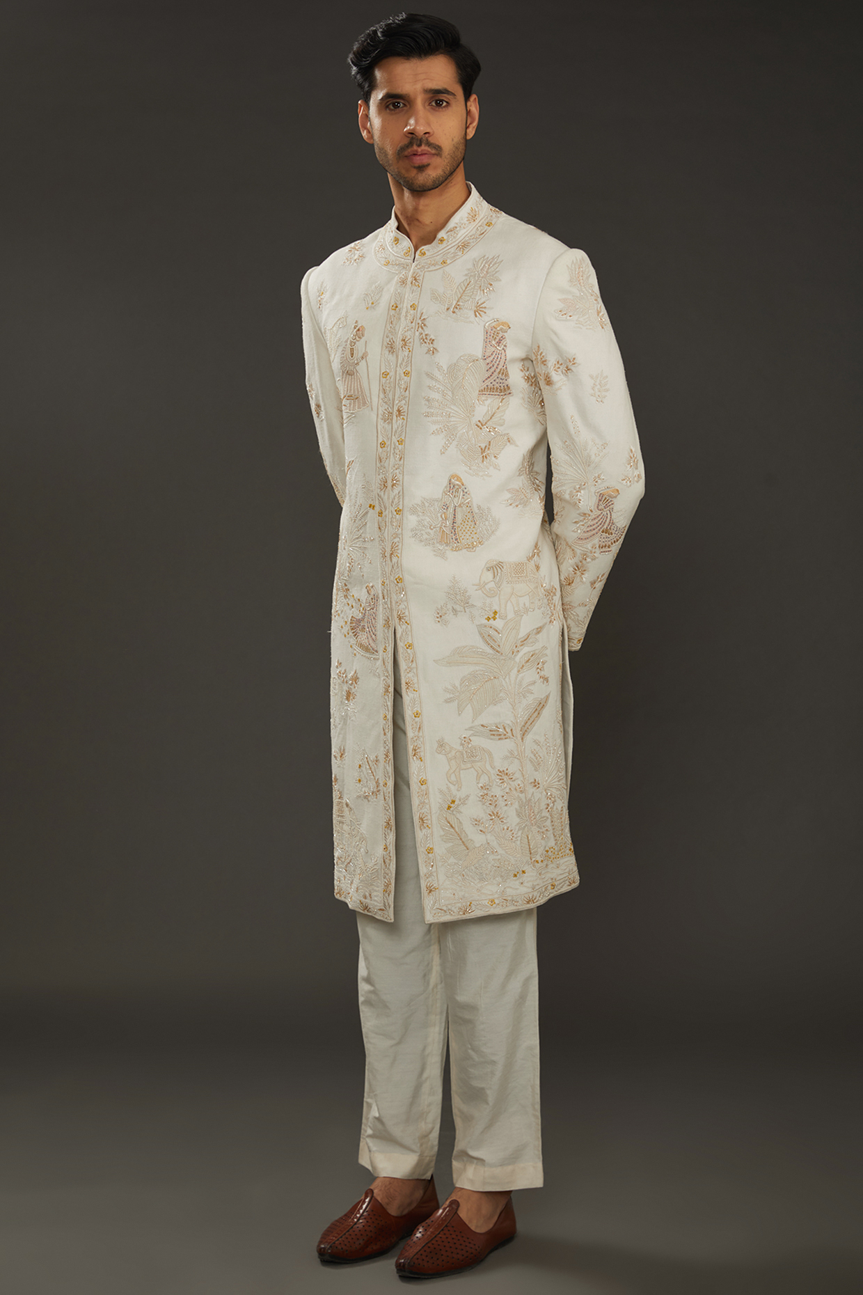 Ivory Matka Silk Hand Embroidered Sherwani by Rohit Bal Men